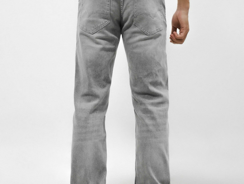 Quần jean Defoxx ống suông co giãn nhẹ xám trắng wash 250910