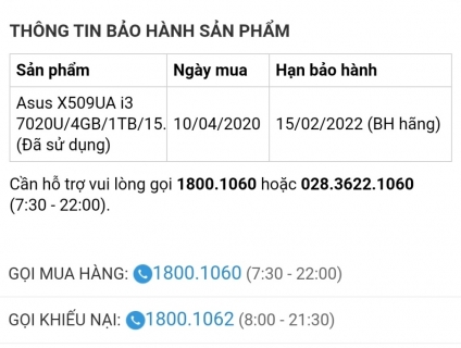 Laptop ASUS X509UA Chip i3-7020/4GB/1TB bảo hành thegioididong 02/2022