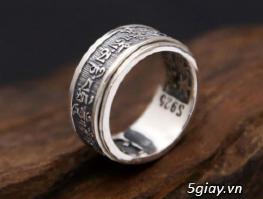 Nhẫn bạc nam Lục Tự Đại Minh Chú Chữ Phạn Bản xoay