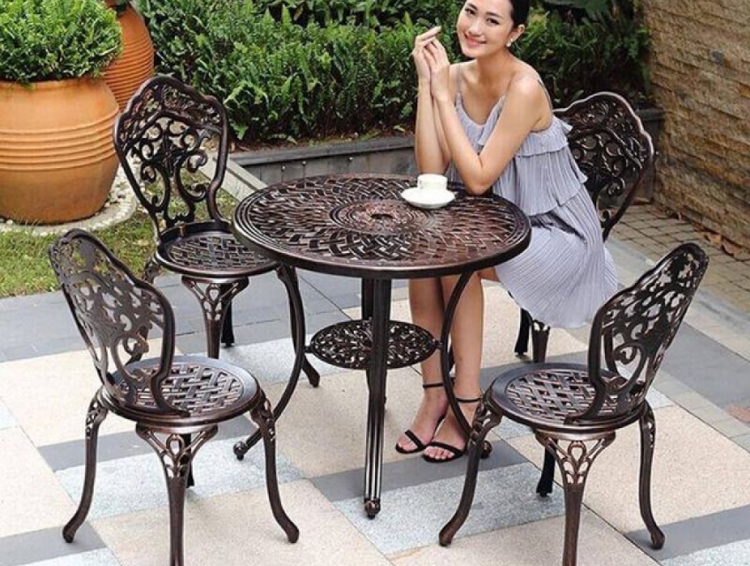 Bộ Bàn Ghế Sân Vườn Ngoài Trời nhôm đúc D78cm 1 bàn +4 ghế