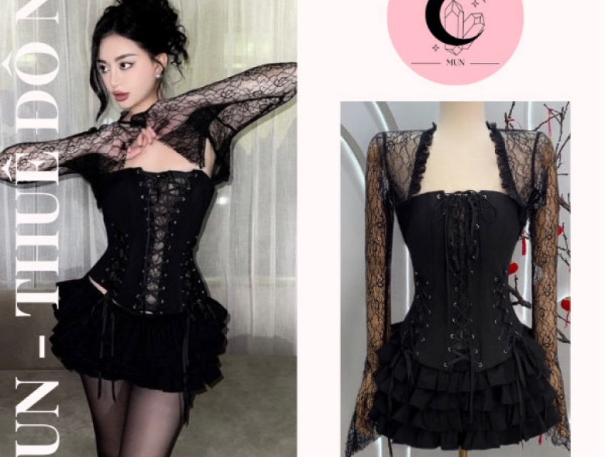Áo corset cúp ngực ren choàng kèm chân váy tầng
