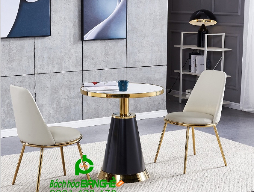 Bộ bàn ghế cafe tiếp khách bàn mặt đá ghế da chân mạ vàng màu kem, xám
