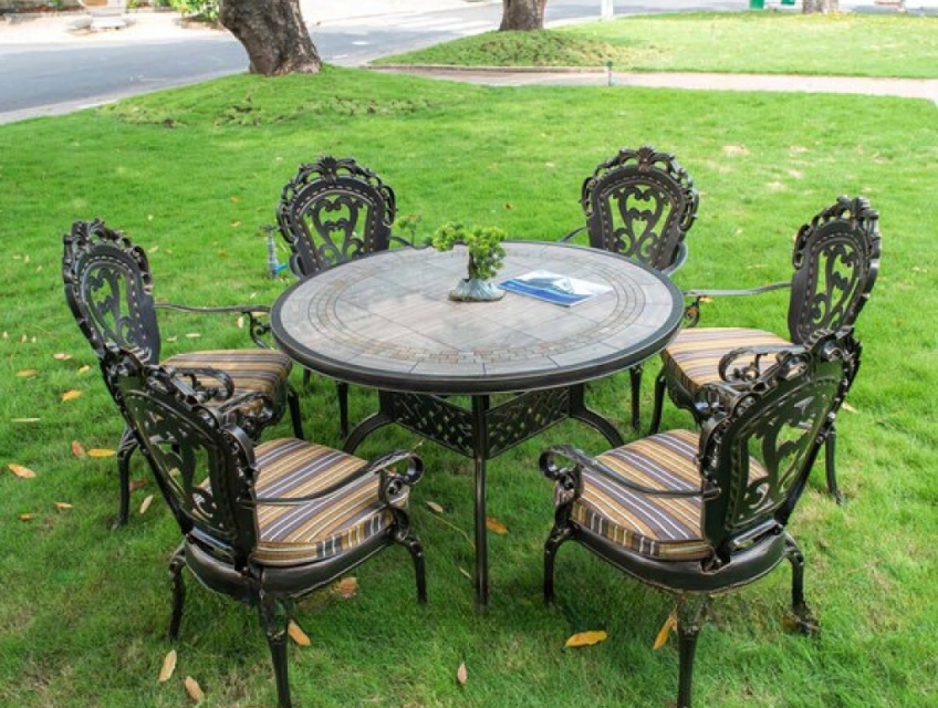 Bộ Bàn Ghế Sân Vườn Ngoài Trời Nhôm Đúc Mặt Đá D120-6GTCD