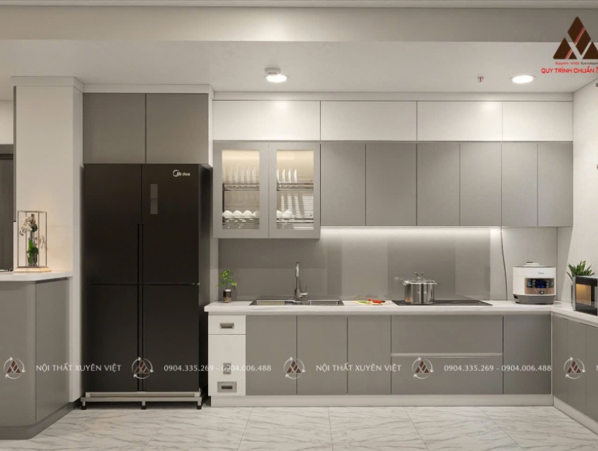 Tủ Bếp Nhựa Phủ Acrylic Màu Xám Sang Trọng