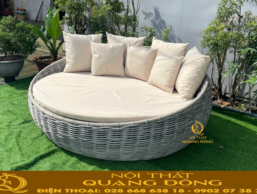 Giường tắm nắng nhựa giả mây QD-553 hình thúng đan sợi mây nhựa tròn
