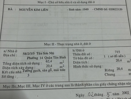 Bán nhà hẻm xe hơi tân sơn nhì tân phú
