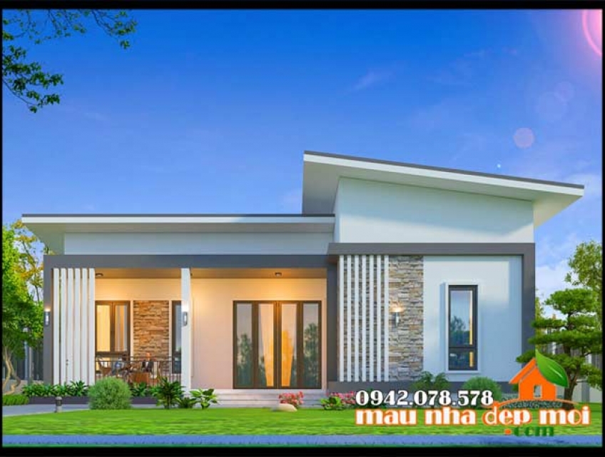 Mẫu nhà cấp 4 đẹp ở quê 140m2 kiến trúc mái lệch là không gian xanh