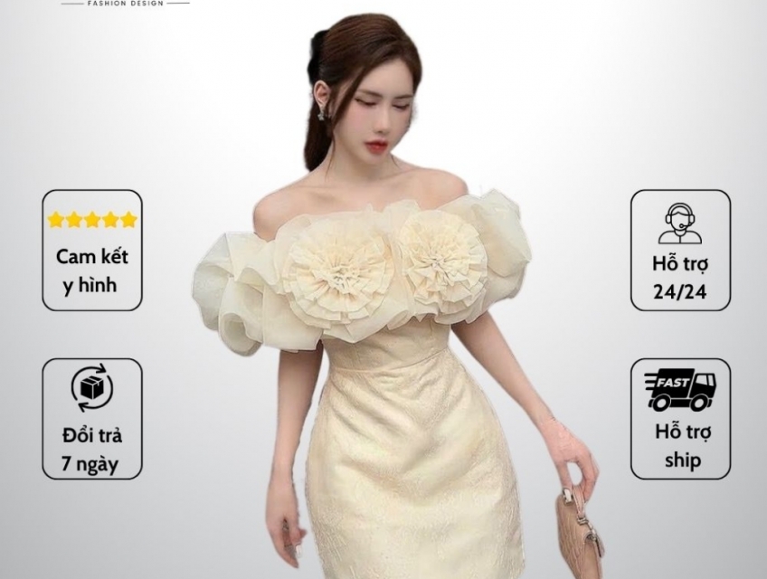 Đầm voan trễ vai kết hoa bèo phồng tiểu thư