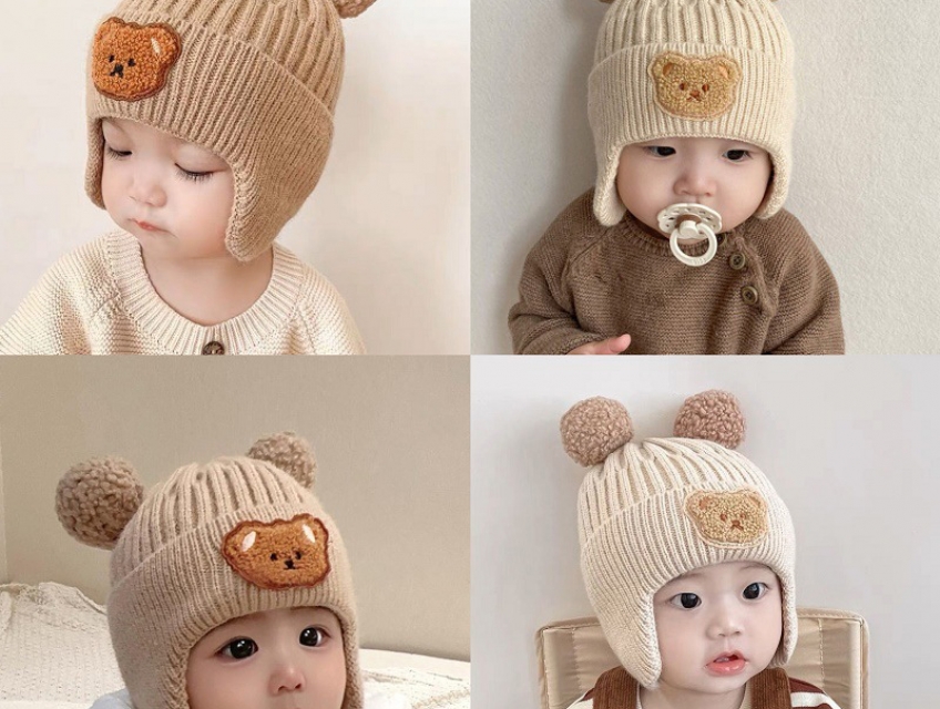 Mũ len chùm tai lót lông cừu hình gấu cho trẻ em từ 0 - 4 tuổi