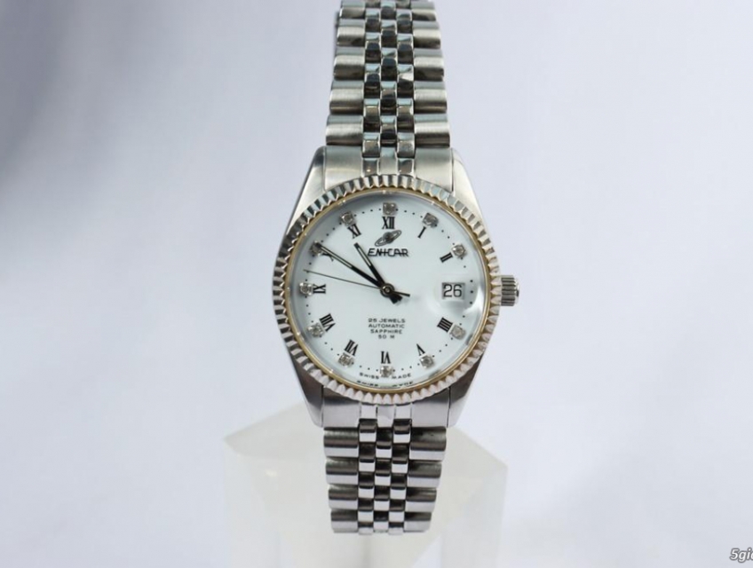 Đồng Hồ Nam ENICAR Automatic, mặt tròn dây thép, Niềng khía  Kim Cương