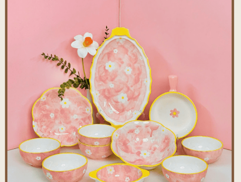 Bộ Bát Đĩa Cúc Họa Mi Hồng Mới Thương Hiệu Gốm Nàng Mây, bộ bát đĩa đẹ