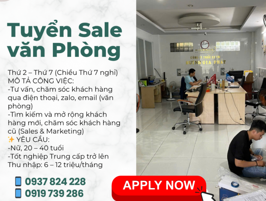 CÔNG TY TNHH SX TM HUỲNH GIA PHÁT TUYỂN DỤNG NHÂN VIÊN KINH DOANH (VĂN PHÒNG)