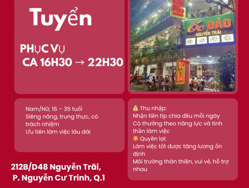 TUYỂN NHÂN VIÊN PHỤC VỤ – CA CHIỀU 16H30 → 22H30