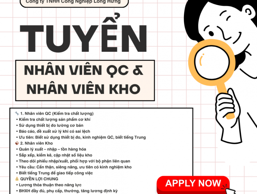 TUYỂN NHÂN VIÊN QC & NHÂN VIÊN KHO BIẾT TIẾNG TRUNG