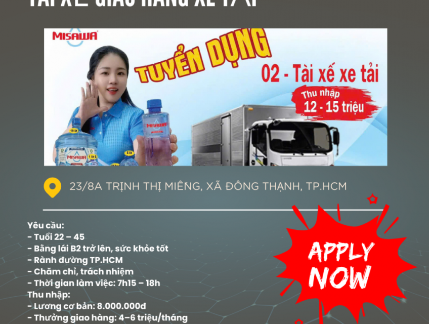 TUYỂN DỤNG – 05 TÀI XẾ GIAO HÀNG XE TẢI