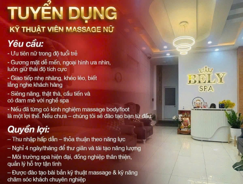 Bely Spa tuyển dụng KTV massage vuốt lướt AROMA làm tại Gò Vấp
