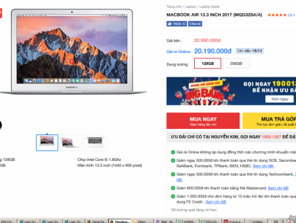 HCM- Macbook Air 2017, i5, 128GB new 100%. 19tr2. Nguyenkim