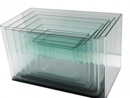 Hồ cá kính đúc, uống cong 2 cạnh mặt trước, đầy đủ kích thước.