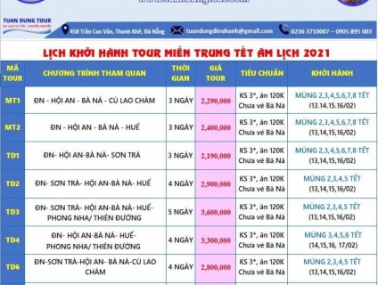 bảng giá cho tour mièn trung cho dịp tết năm 2021 này
