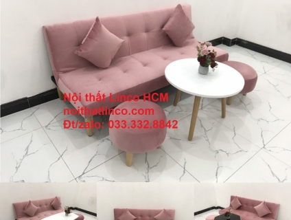 Bộ ghế sofa bed giường nhỏ gọn màu hồng hường vải nhung Sài Gòn HCM