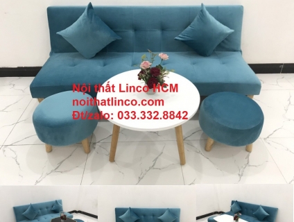 Bộ ghế sofa giường bed vải nhung màu xanh dương nước biển Tphcm SG
