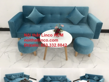 Bộ bàn ghế sofa băng nằm vải nhung xanh dương dài 2m giá rẻ HCM SG