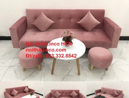Bộ ghế sofa băng giường dài 2m đa năng hồng phấn HCM SG
