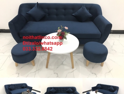 Bộ ghế sofa băng văng dài 1m9 xanh dương đen vải nhung giá rẻ HCM