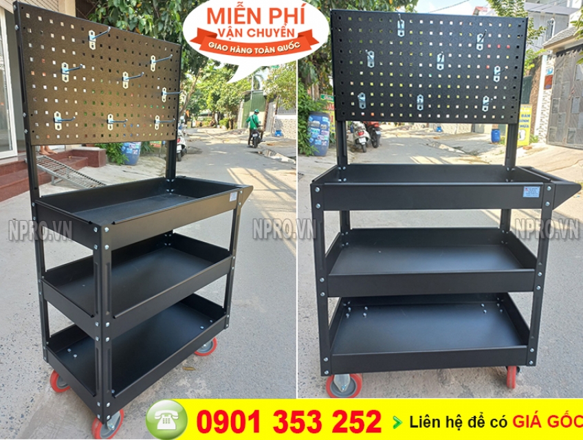 Xe đẩy 3 ngăn có giá treo dụng cụ màu xám đen và đỏ - Freeship