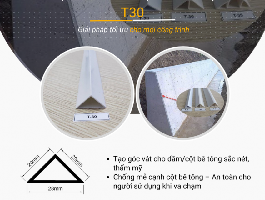Nẹp nhựa tam giác (chamfer) dùng cho cột bê tông