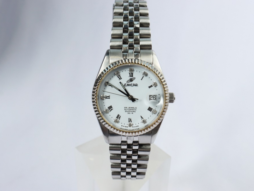 Đồng Hồ Nam ENICAR Automatic, mặt tròn dây thép, Niềng khía