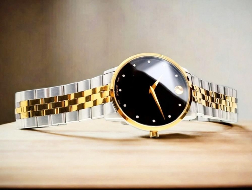 Đồng Hồ Nam : Movado Museum Mặt Đen cọc số đính Kim Cương - Mạ Vàng