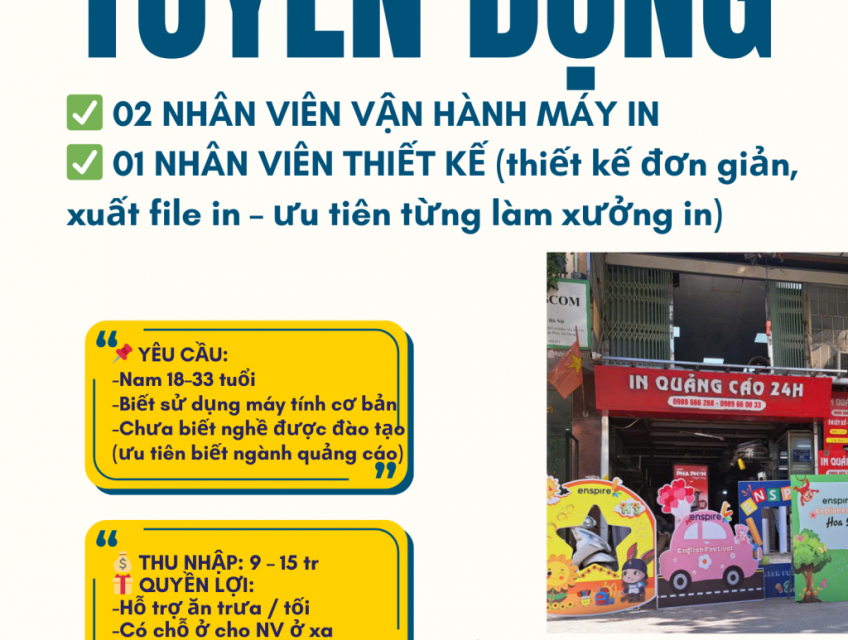 TUYỂN NAM NV VẬN HÀNH MÁY IN & NHÂN VIÊN THIẾT KẾ