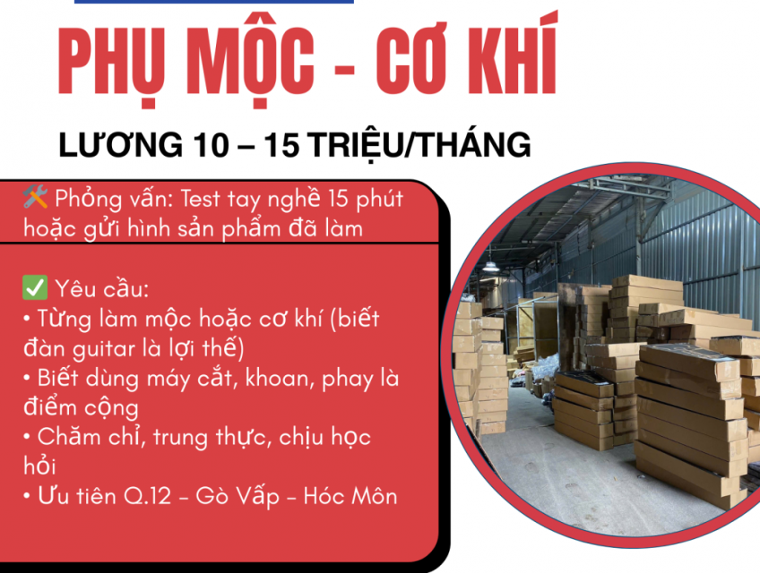 TUYỂN GẤP 05 PHỤ MỘC / CƠ KHÍ – ĐI LÀM NGAY
